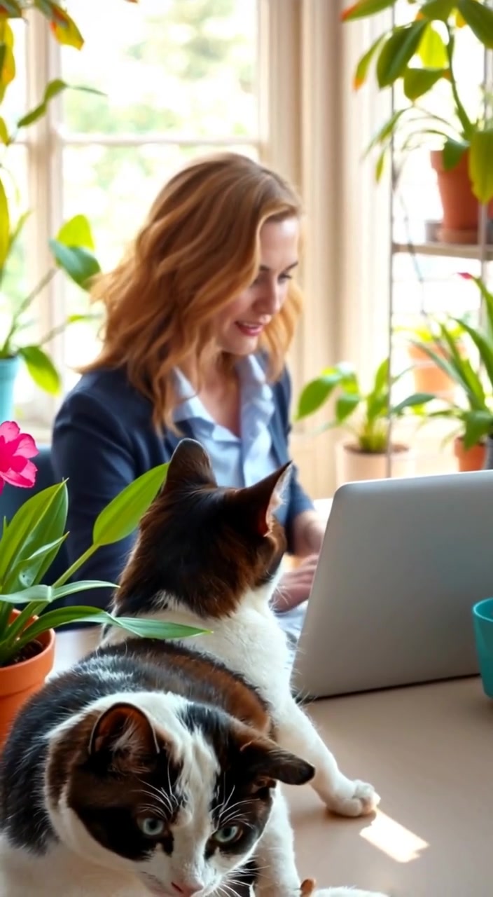 The woman gently types on the laptop, sunlight illuminating her desk surrounded by vibrant houseplants.