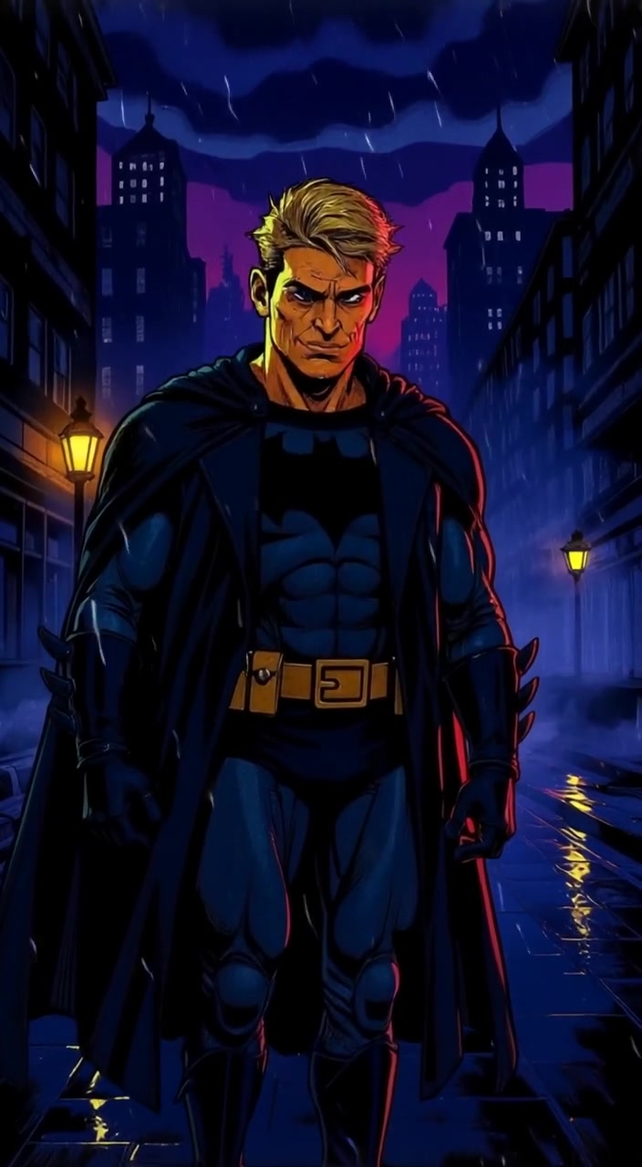 A flickering streetlight casts shadows as mist gently swirls through a deserted alley in Gotham City at night.