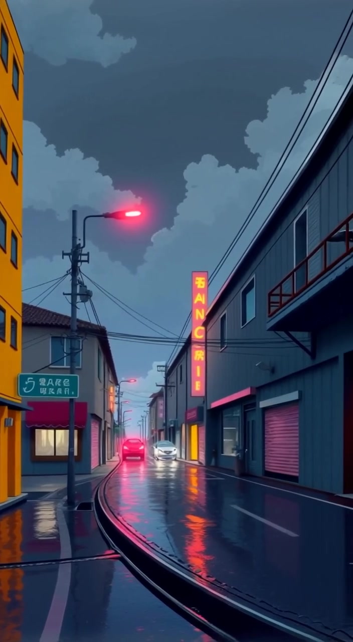 Raindrops gently fall on a deserted street, puddles forming as dark clouds loom overhead.