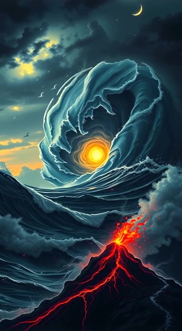 Dark clouds swirl menacingly as turbulent waves crash against each other, creating a dramatic dance of nature’s fury.