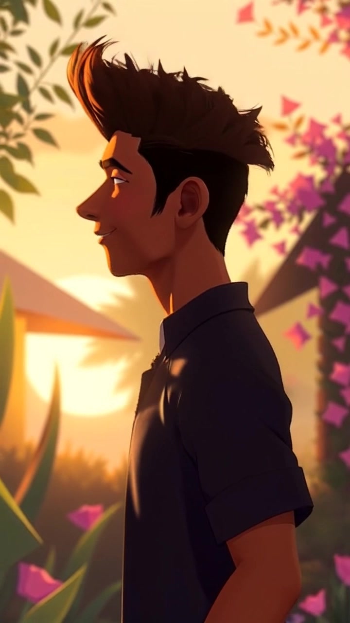 Subject: The Narrator standing in a serene garden, smiling softly. Scene: A beautiful garden bathed in golden hour light, with blooming flowers and lush greenery creating a tranquil atmosphere. Motion: The camera gently pushes in on the Narrator as they recall a memory, capturing their expression in warm, inviting light while softly blurring the vibrant background to enhance the intimate moment.