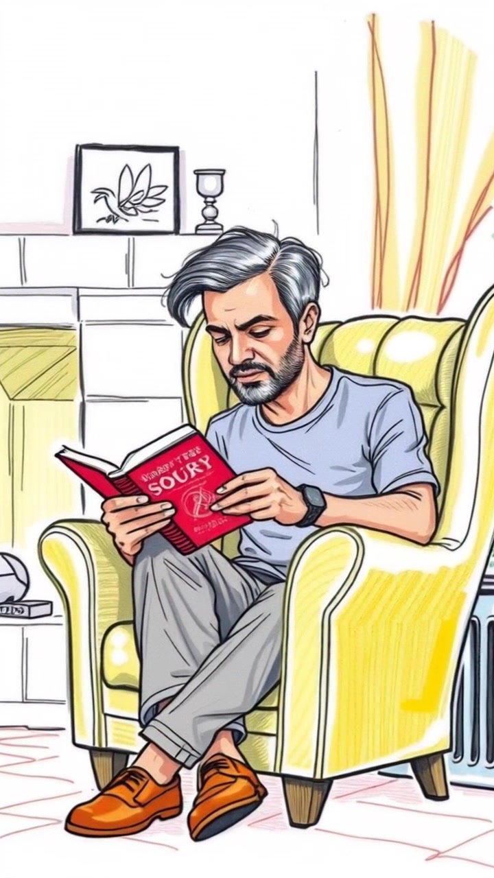 Subject: Shivaram sitting comfortably in an armchair, deeply engrossed in a book. Subject movement: Occasionally shifting the book, then taking a brief moment to sip from a warm cup. Scene: Cozy living room, softly lit by a crackling fireplace, with warm tones enhancing the inviting atmosphere. Motion: The camera slowly pushes in for a close-up, capturing the serene expression on Shivaram's face as the flames flicker in the background, enveloping the scene in a comforting glow.
