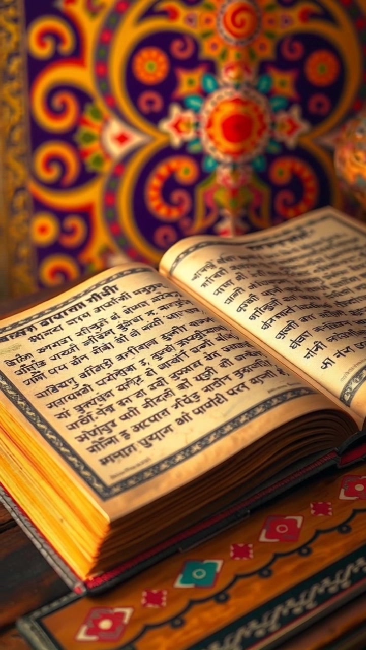 Scene: A close-up of an ancient manuscript of the Hanuman Chalisa in Devanagari script, elegantly lying open on a rustic wooden table. Style: Warm, soft lighting enhances the intricate details of the manuscript, creating an inviting atmosphere. Motion: The camera gently pans across the text, revealing the delicate craftsmanship of the script while softly focusing on the decorative elements surrounding the pages.