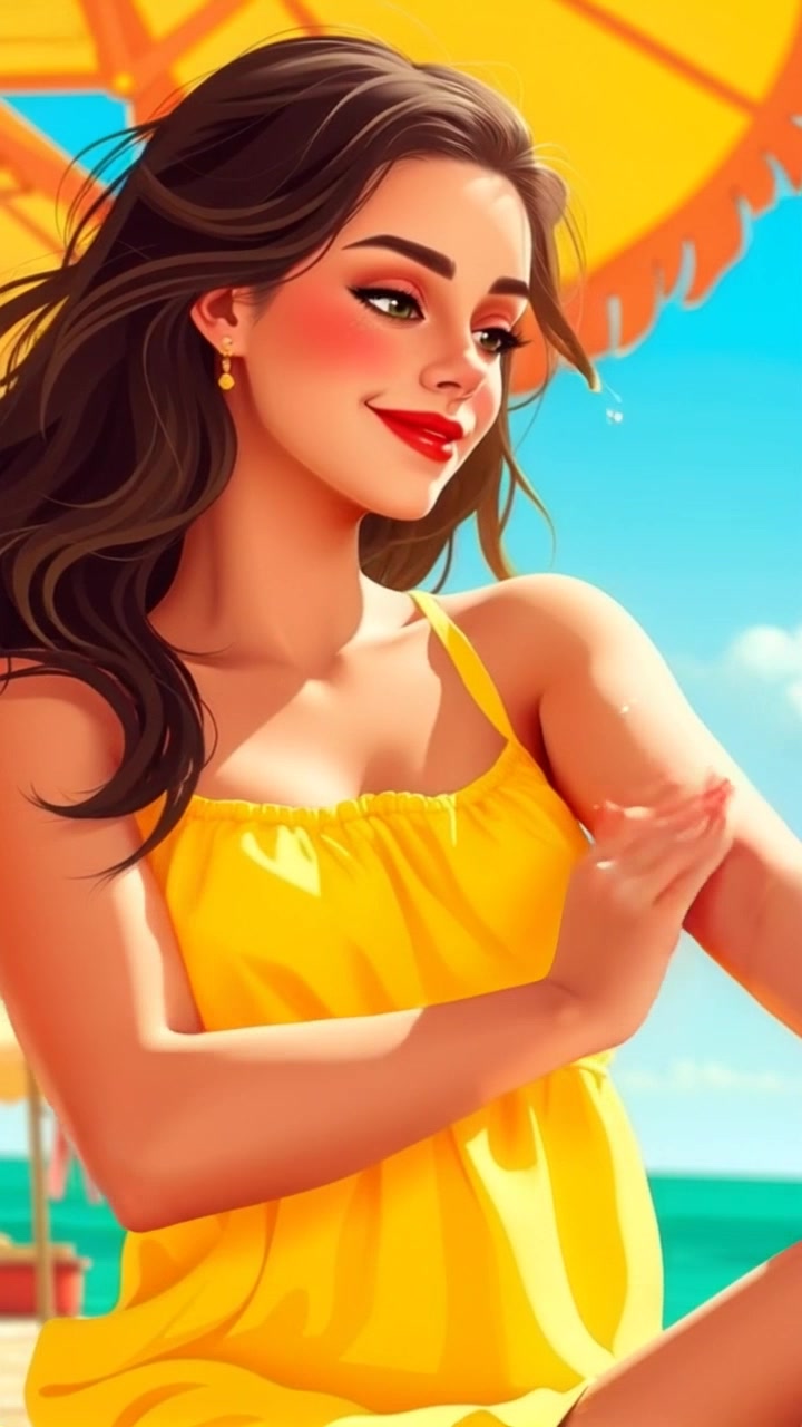 A woman in a yellow sundress applying sunscreen on her arms under the bright sun.