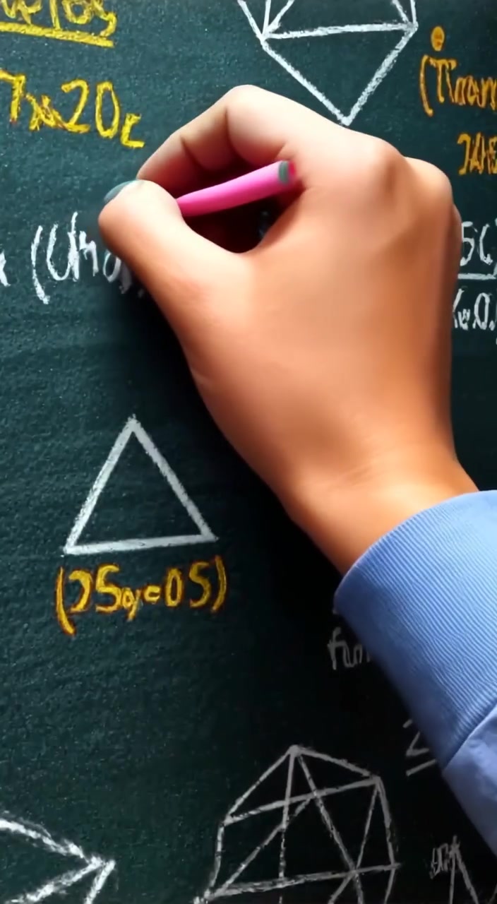 A hand reaches for colorful chalk, gently drawing a geometric shape on the chalkboard filled with equations.
