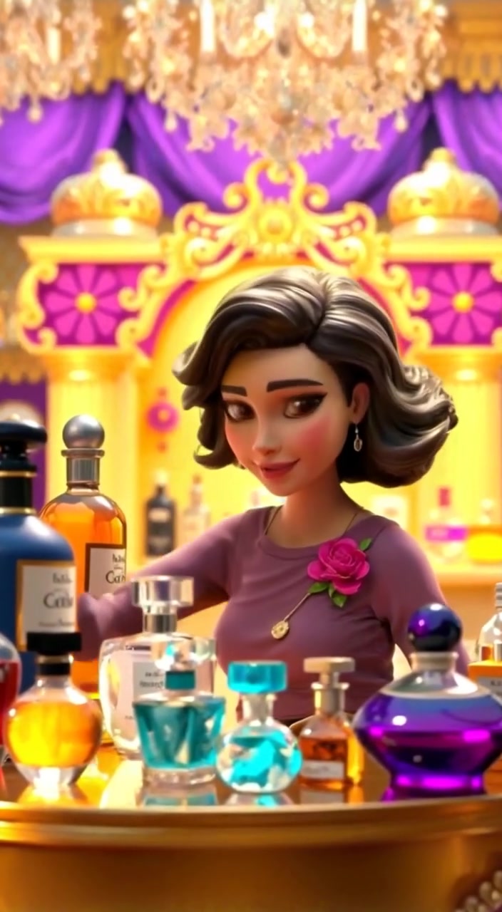 The woman gently reaches for a sparkling perfume bottle on the golden table, a look of wonder on her face.