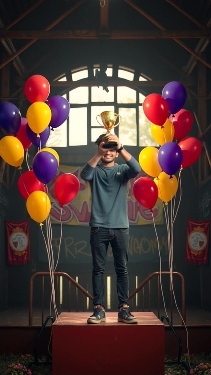 Subject: A person standing triumphantly on a stage holding a trophy, with colorful balloons and celebratory banners around him. Subject movement: He raises the trophy high above his head, beaming with pride and joy. Scene: An energetic celebration in a brightly lit auditorium filled with decorated elements signifying achievement. Style: Vibrant lighting enhancing the festive atmosphere, creating a warm and inviting ambiance. Motion: Camera begins with a close-up on the trophy, then smoothly pulls back to reveal the full scene, capturing the excitement of the celebration.