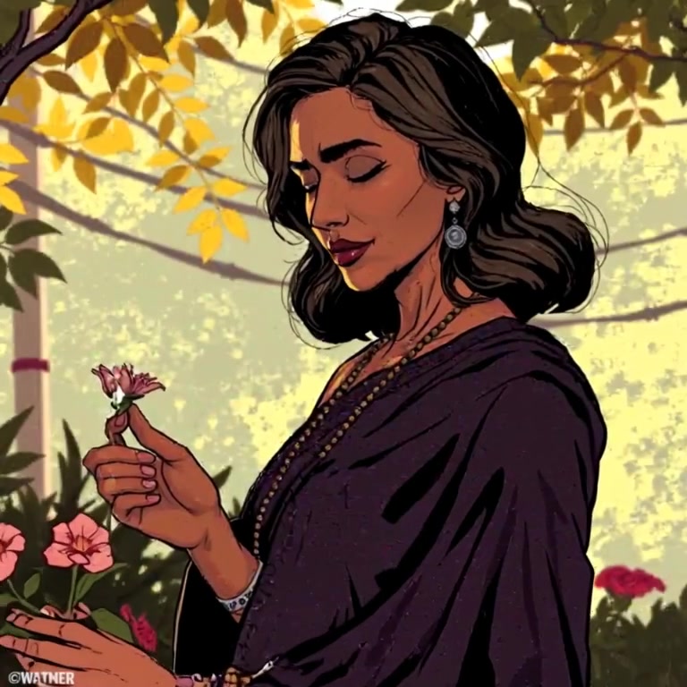 The woman gently caresses a flower, sunlight filtering through the garden as a light breeze stirs the scene.