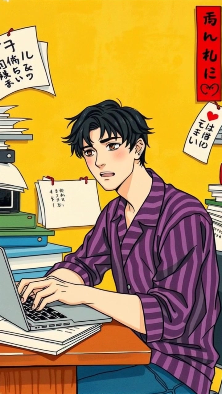 Subject (A young adult with messy hair, casual clothing, and a perplexed expression) + Subject movement (Slowly looking around in confusion) + Scene (Home office with a cluttered desk, papers scattered around, dim lighting) + Camera Language (Slow zoom in) + Lighting (Soft ambient light) + Atmosphere (Perplexed and contemplative)