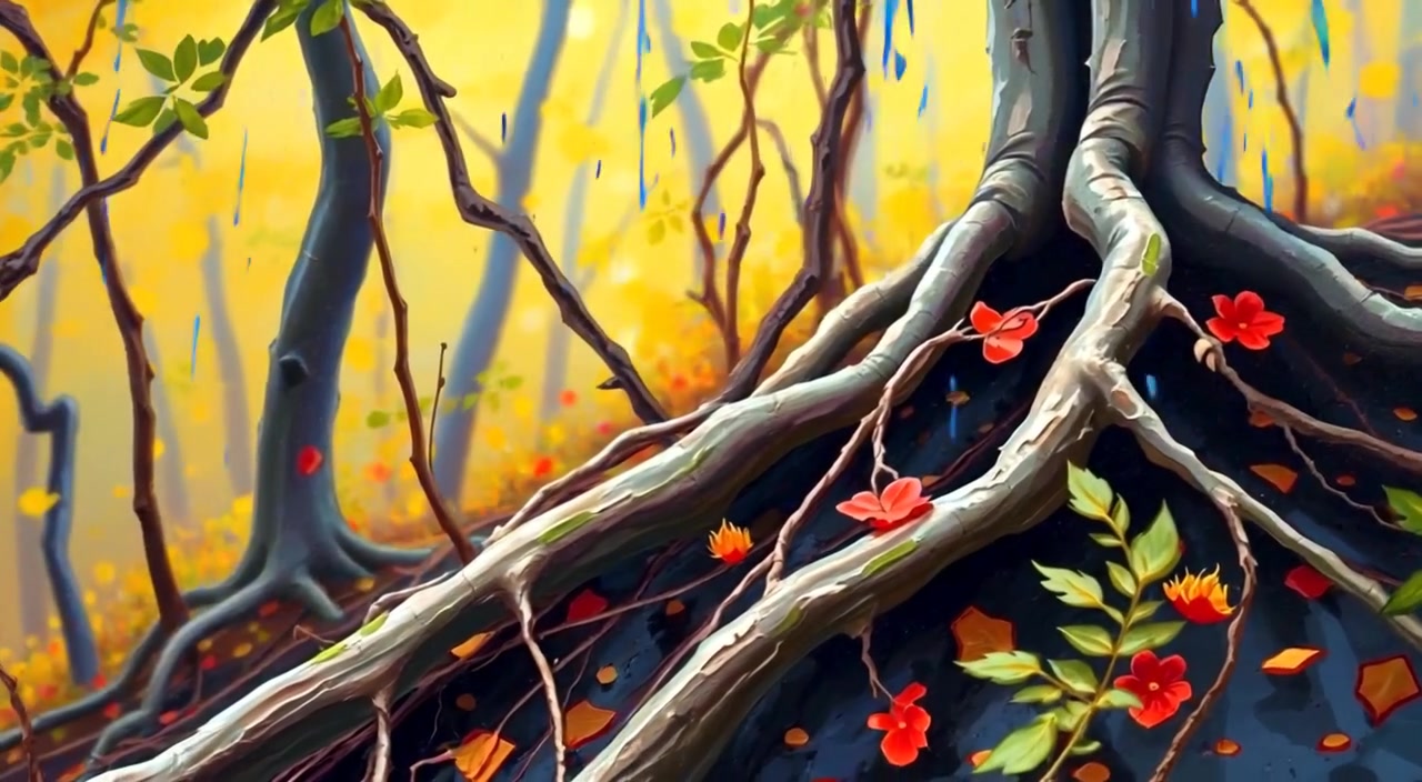 Roots gently push through wet soil as raindrops cascade in a forest storm, creating a vivid, dynamic scene.
