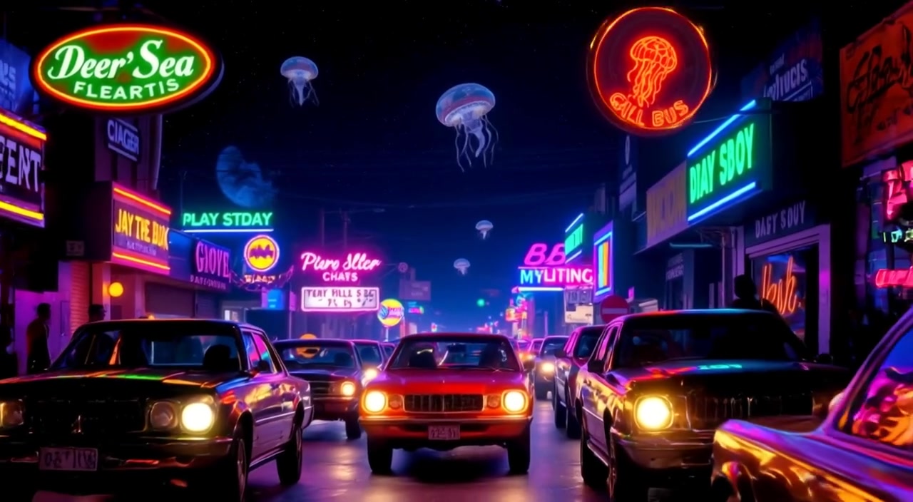 People walk casually past vintage cars, neon signs flickering in the bustling street of the 1980s.