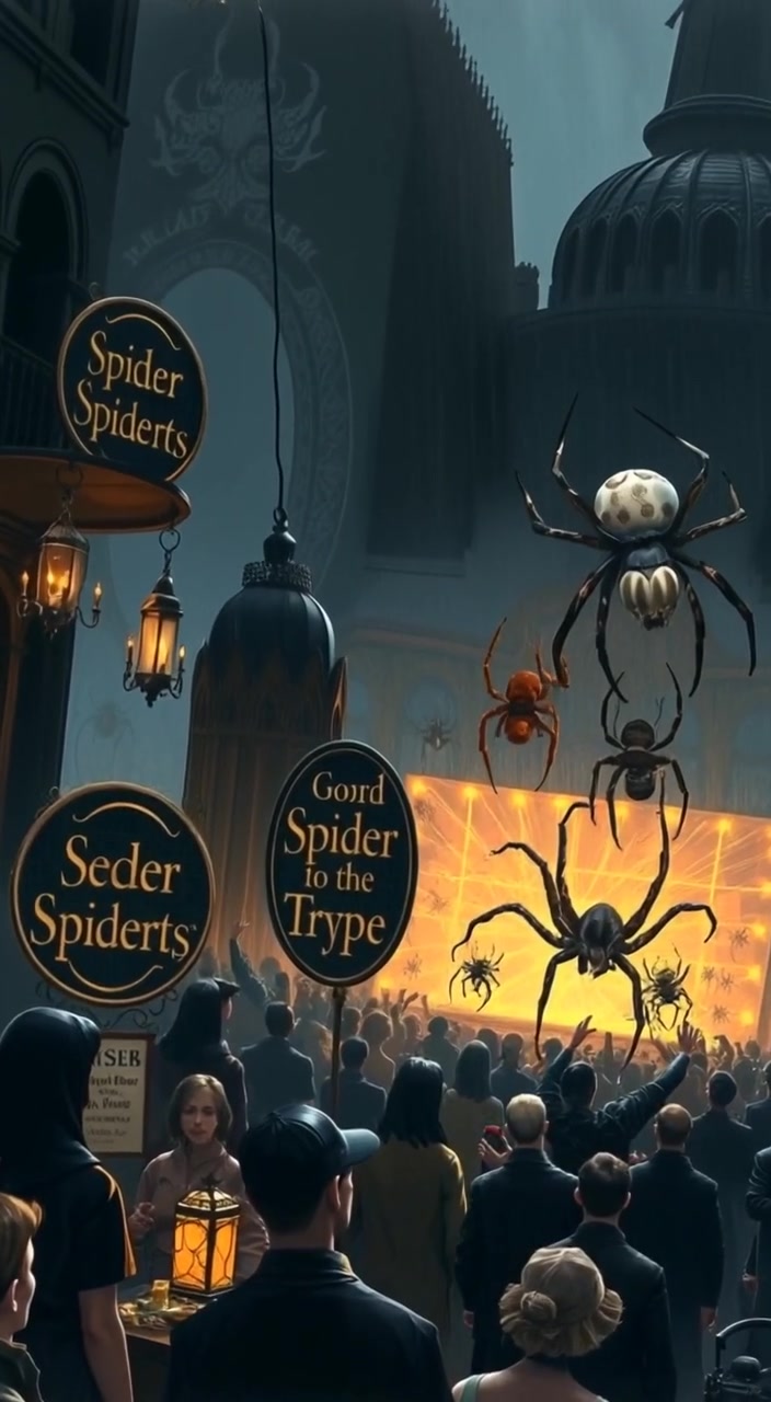 The crowd eagerly watches as a spider gracefully climbs the web in the center of the contest.