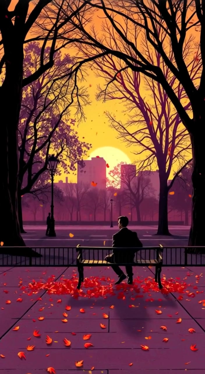 Leaves gently fall from the trees, swirling in the warm glow of the sunset over an empty park bench.