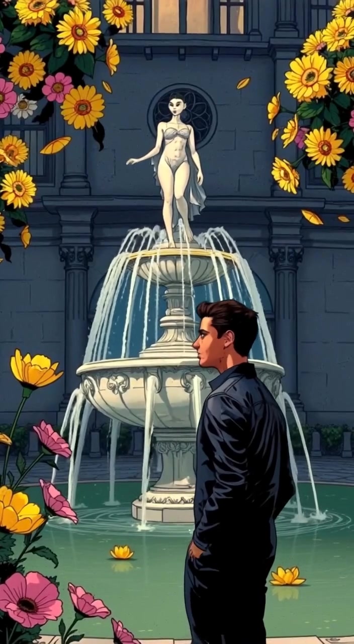 The child gazes thoughtfully at the fountain, while colorful flowers sway gently in the warm breeze.