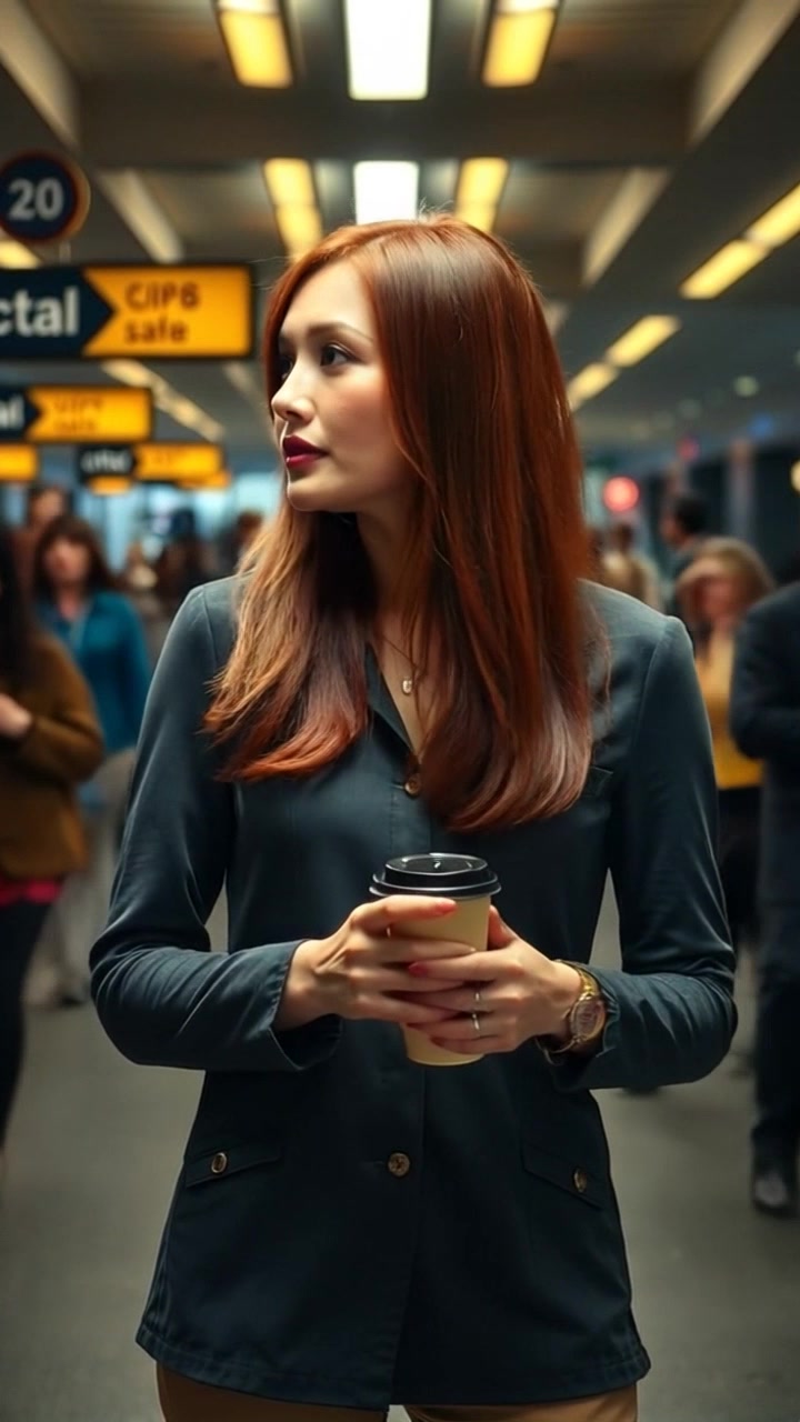 Emily stands in a bustling office, looking at her watch, holding a coffee cup.