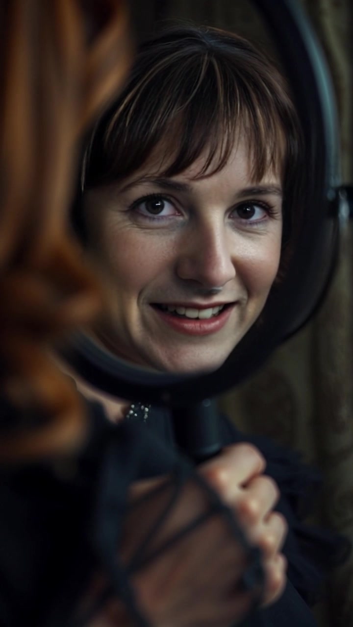 Scene: A close-up shot of a mirror reflecting a face with a brightened, eerie grin. Style: Soft ambient lighting enhances the features, creating an unsettling yet captivating atmosphere. Motion: The camera slowly pushes in on the reflection, intensifying the sense of intrigue as the expression subtly shifts, blurring the lines between reality and illusion.