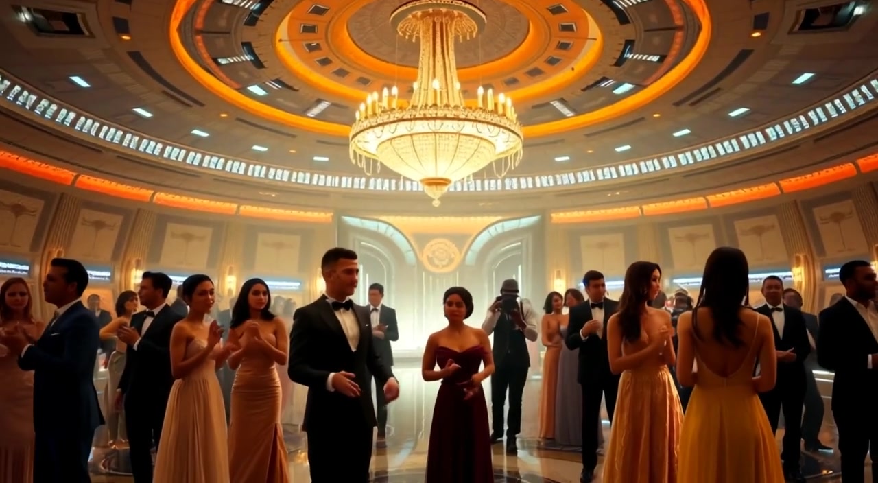 Guests twirl gracefully on the dance floor, their masks glinting under the shimmering chandelier, creating a vibrant atmosphere.