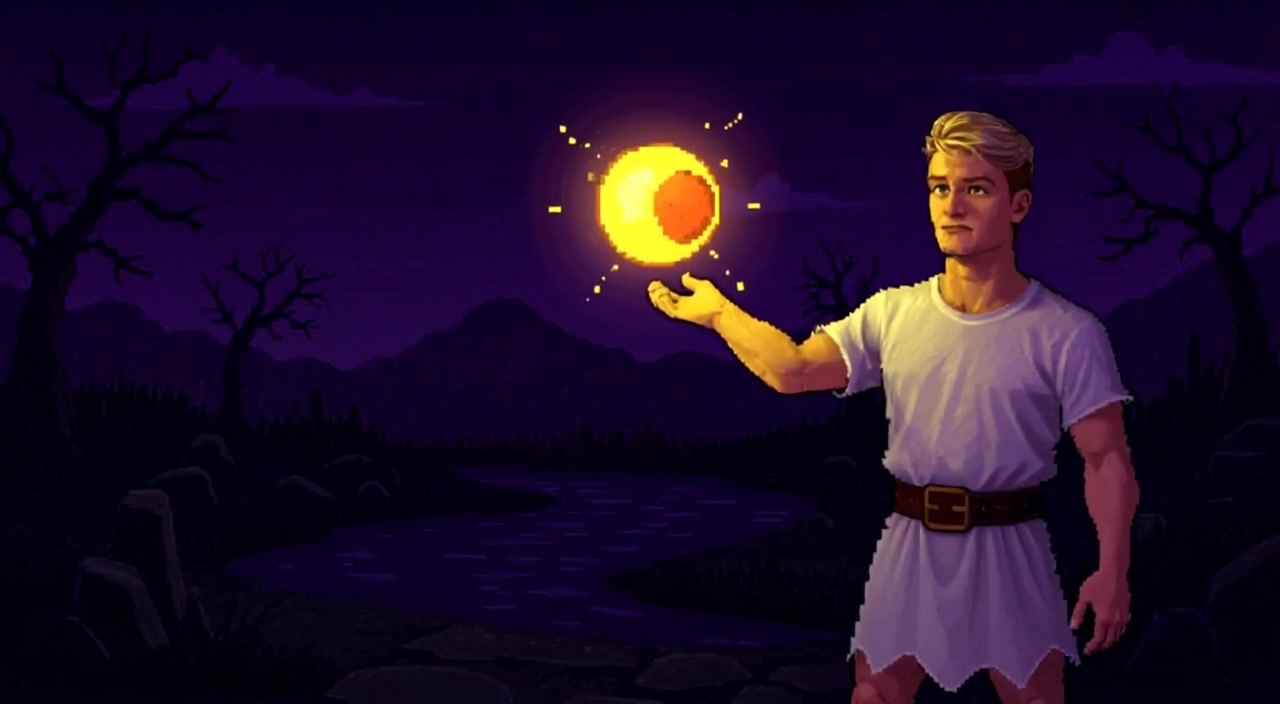The figure reaches gently towards a glowing fruit floating above an empty, vast landscape.
