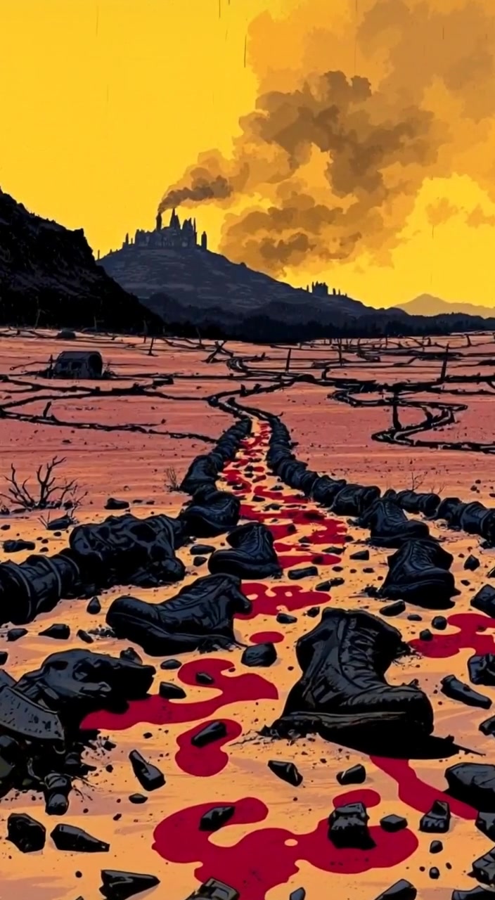 Smoke gently rises from charred remains in a barren field, with a distant village silhouetted against the cloudy sky.