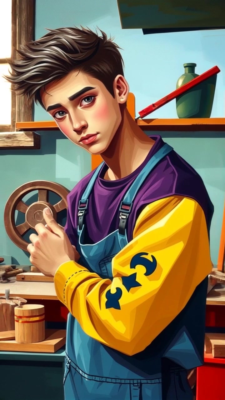 Subject: A teenager named Jesus in casual attire, with messy hair and a serene expression, focused on shaping wood in a carpentry shop. Scene: Rustic carpentry workshop filled with tools and wooden materials. Style: Warm, natural lighting streaming through dusty windows, highlighting the textures of the wood and tools. Motion: Camera slowly orbits around Jesus, capturing the concentration in his eyes and the intricate details of his woodworking process.