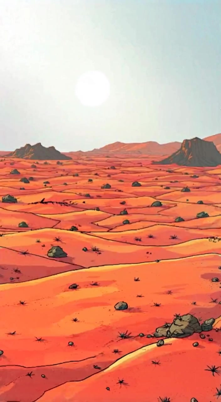 A gentle breeze sweeps across the vast, empty desert landscape under the bright sun.
