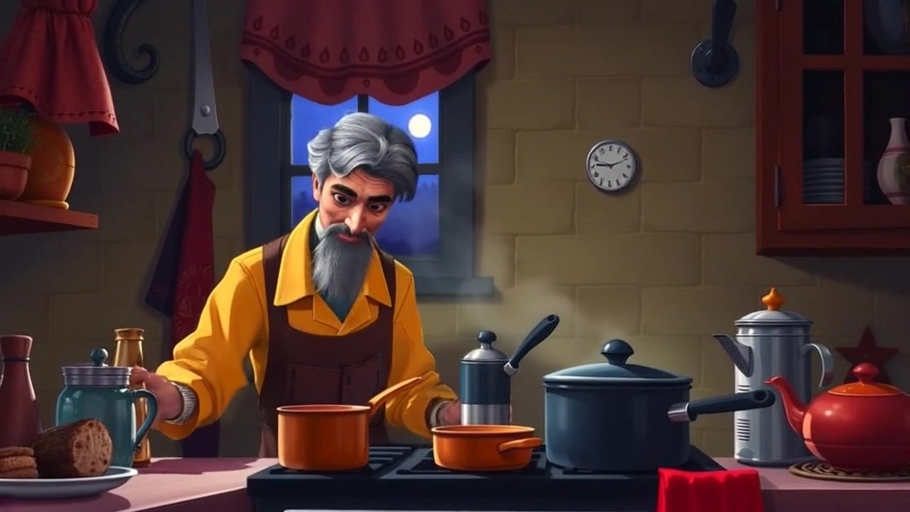 Subject: A person preparing breakfast in a cozy kitchen. Subject movement: The person stirs a pot on the stove, occasionally checking ingredients on the counter. Scene: A warm, inviting kitchen filled with the aroma of cooking; pots and pans are scattered about, and soft light filters through the window. Motion: Camera gently glides in from the doorway, capturing the bustling activity, then pans to showcase the vibrant colors of fresh ingredients on the counter. Lighting: Soft, morning light illuminating the space, creating a warm atmosphere.