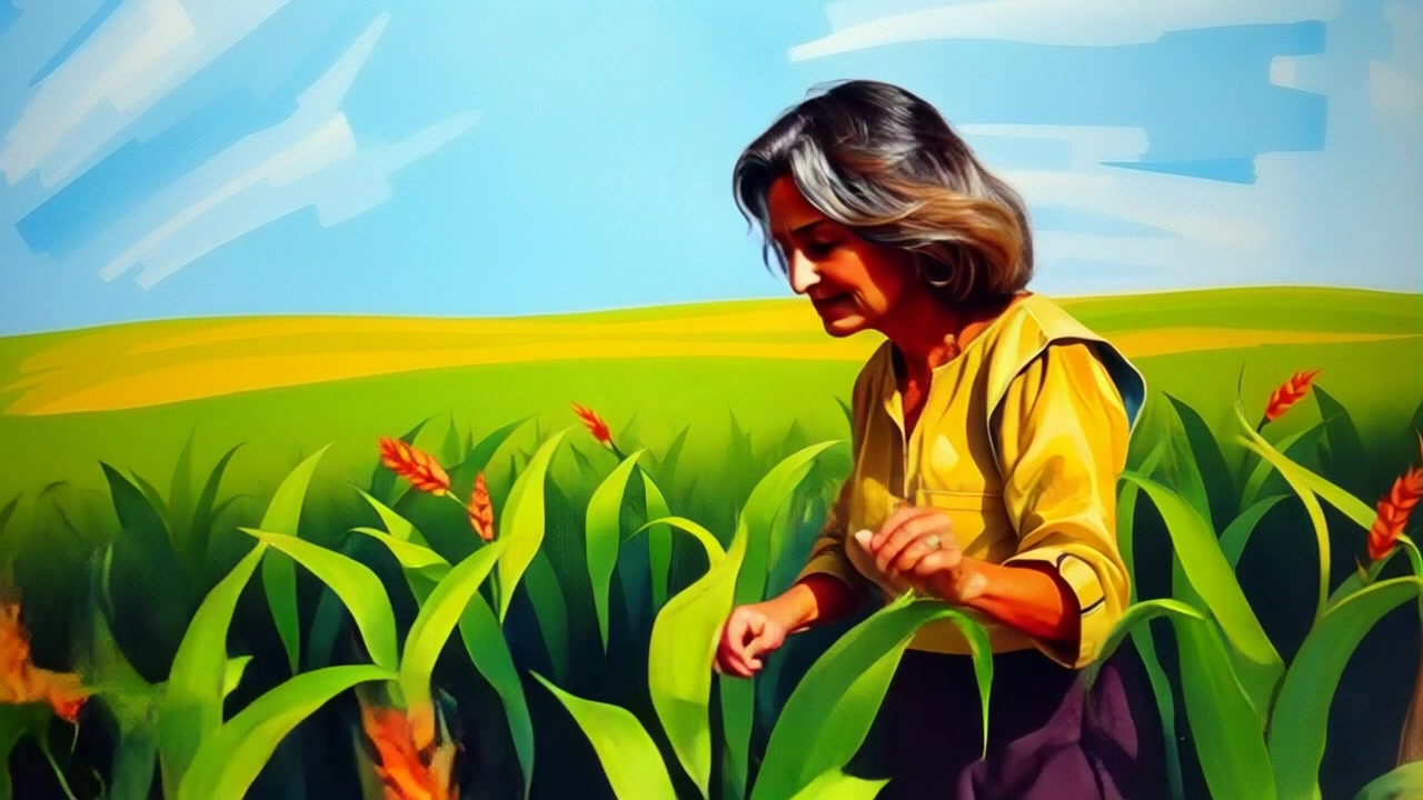 Subject (Build, Workwear, Hat and tools, Facial features, Posture) + Subject walks in the field + Scene (Green field with crops swaying in breeze under clear blue sky) + Camera Language (Slow tracking shot, Aerial view) + Lighting (Sunlight filtering through clouds) + Atmosphere (Serene, Peaceful)