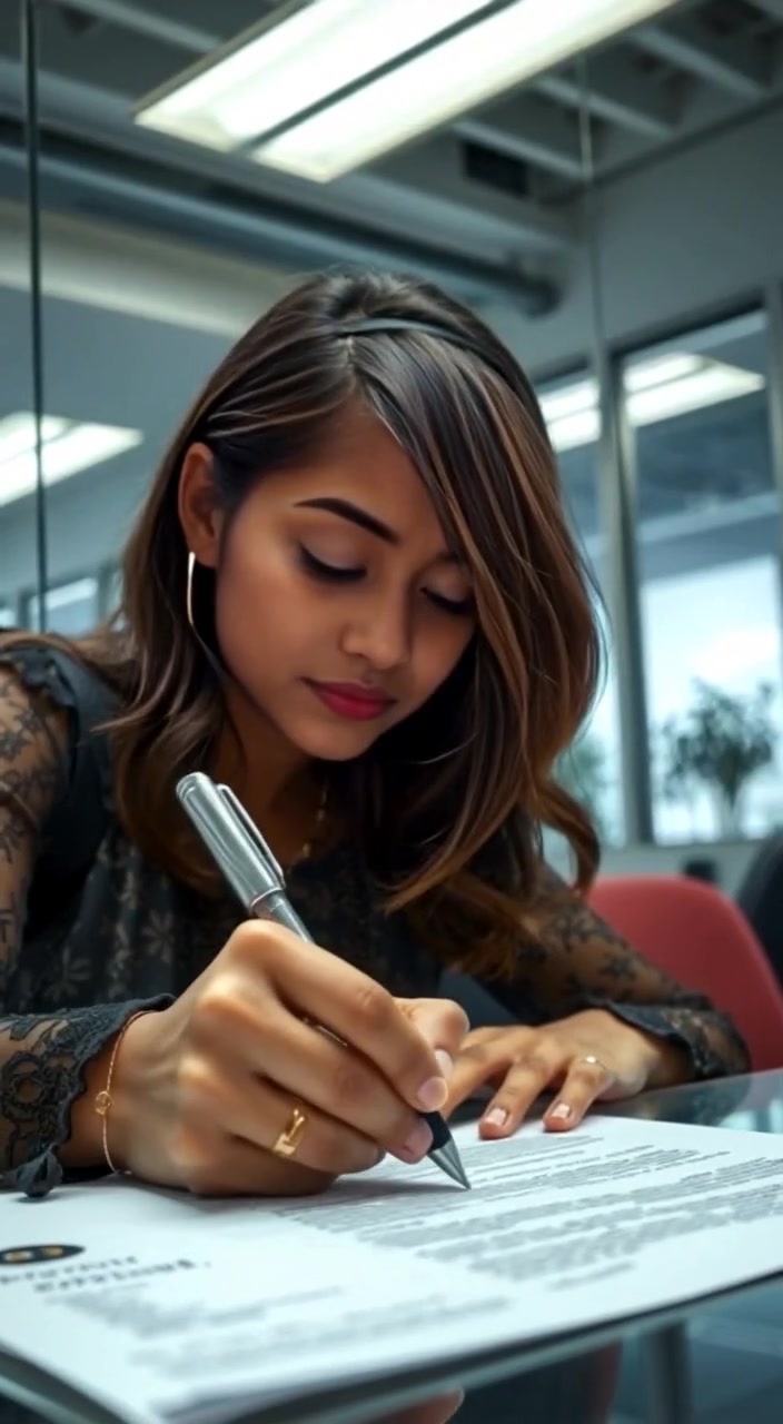 The woman gently signs her name on the document, her pen gliding smoothly across the page in a bright office.