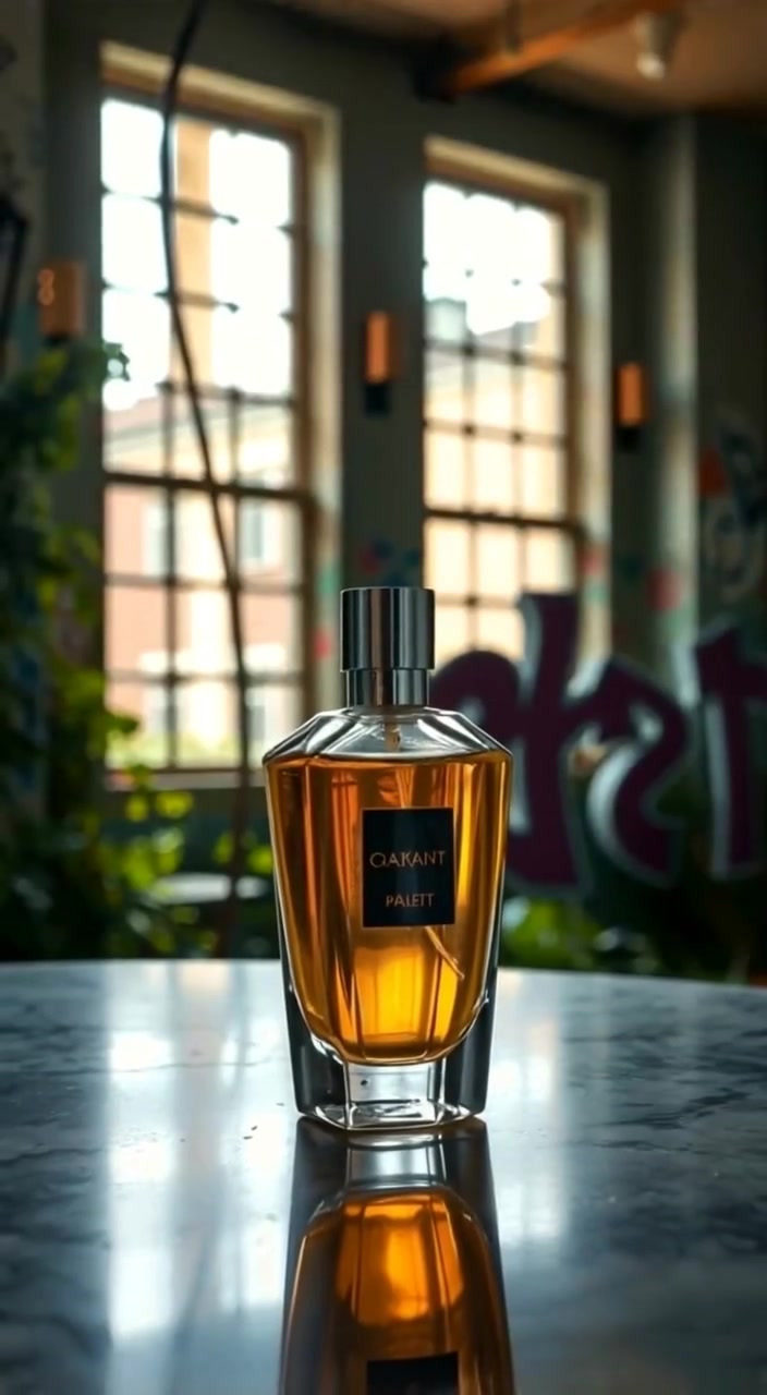 A gentle breeze moves the delicate perfume bottle, casting soft shadows on the marble countertop in warm sunlight.