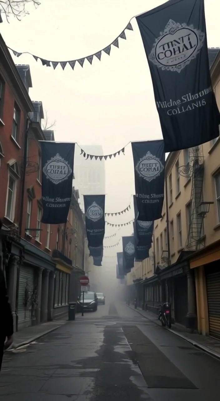 Banners gently flap in the breeze along the empty street, suggesting a recent event has just occurred.