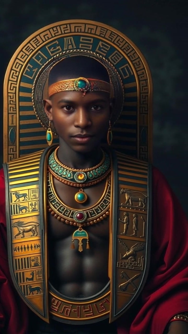 Scene: Pharaoh Tutankhamun sitting regally on an ornate throne, surrounded by intricately carved hieroglyphs that adorn the walls. Style: Ambient lighting casts a warm glow over the gold and royal blue accents of the jewelry and throne, highlighting the wealth and power of the pharaoh. Motion: The camera pans slowly to the right, showcasing the full grandeur of the scene, while gentle zoom-in reveals the exquisite details of Tutankhamun's jewelry, contrasting the rich textures of the hieroglyphs in the background.