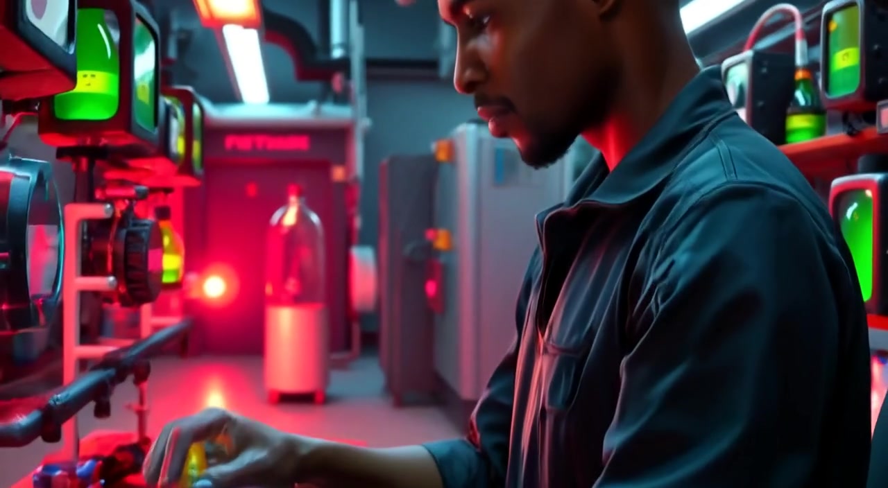 The man curiously examines a glowing vial on the lab table, machines hum quietly in the background.