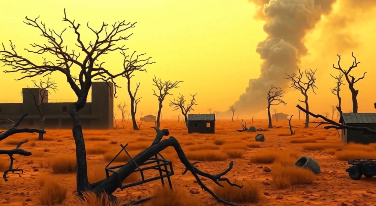A gentle breeze rustles through the fallen trees in a desolate African landscape, with smoke curling in the distance.