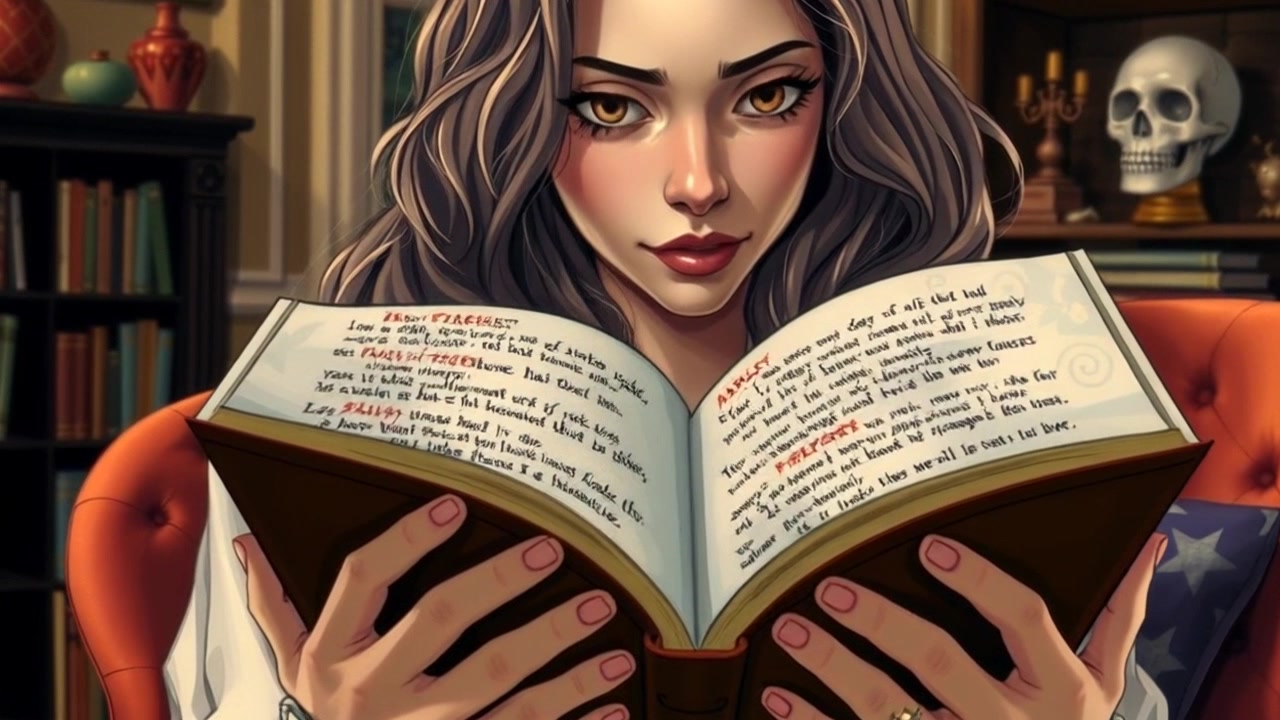 Scene: A cozy living room filled with warm colors and soft textures, featuring a close-up of hands holding an open book with highlighted passages. Style: Ambient lighting creates a soft, inviting atmosphere. Motion: The camera slowly pushes in on the book, focusing on the highlighted text as the pages gently flutter in the breeze from an open window.