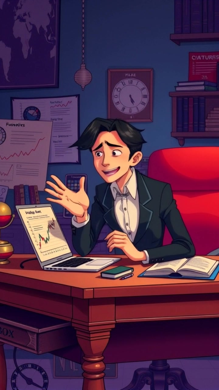 Subject: A person animatedly discussing investment strategies. Subject movement: The individual gestures expressively while seated at a wooden desk, surrounded by financial charts and a laptop. Scene: Intimate office environment filled with financial materials. Style: Warm, ambient office lighting highlights the seriousness of the discussion. Motion: The camera moves in smoothly from a wide shot of the desk to a close-up of the individual's face, capturing the intensity and passion in their expressions.