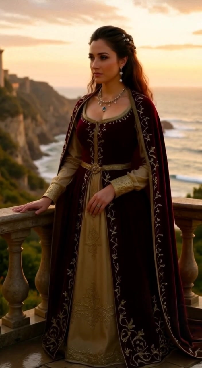 The woman gazes out at the sunrise, light slowly illuminating the vast landscape before her.