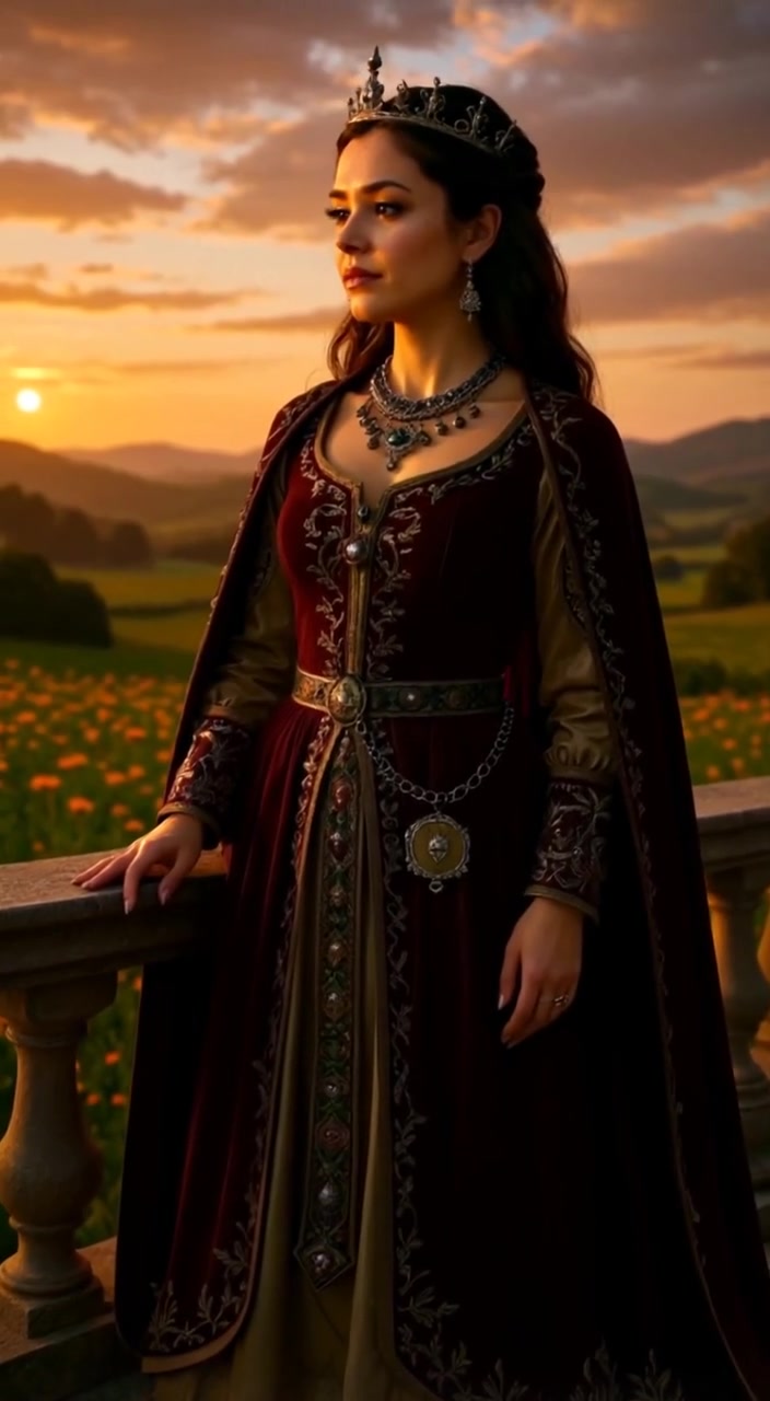 The woman gazes thoughtfully at the sunset, her hair gently flowing in the soft breeze from the hills.