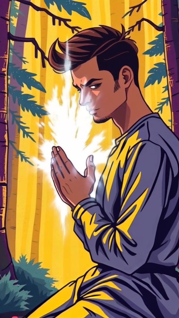 Arjuna, kneeling with folded hands in prayer in a serene forest, surrounded by glowing light, emanating a divine presence. Slowly dolly in towards the character, revealing details of their tranquil expression and the peaceful surroundings. Soft ambient lighting enhances the spiritual atmosphere.