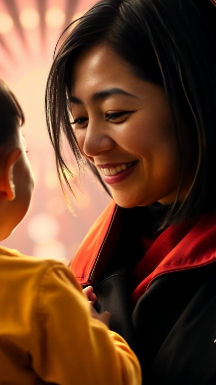 Scene: A warm interaction between a woman and a small child, conveying love and kindness. Style: Soft, ambient lighting highlighting the intimate expressions on their faces. Motion: Camera gently pushes in, capturing the warmth of the moment and their close connection.