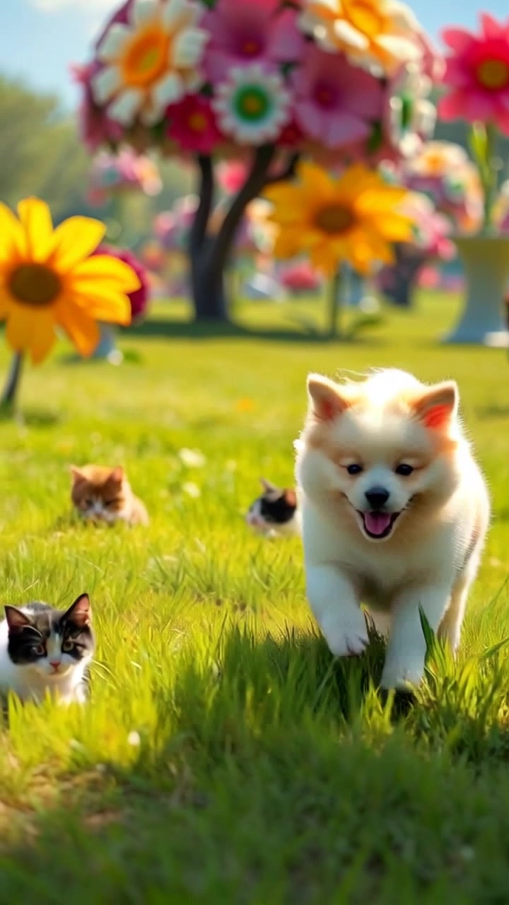 A fluffy dog running playfully through the grass, with its joyful expression highlighted in the sunshine.