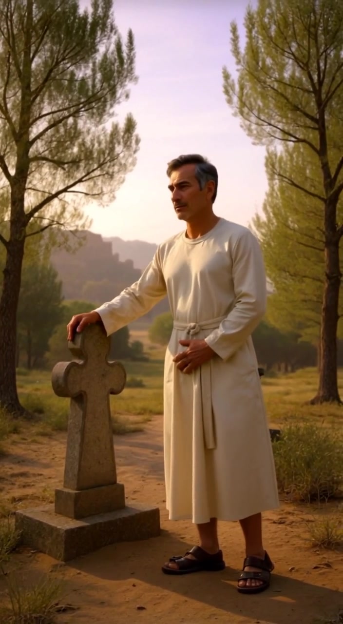 The man gently touches the tombstone as sunlight filters softly through the leaves of the surrounding trees.
