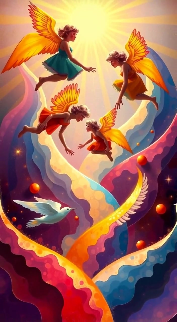 Angelic figures gracefully soar through a luminous sky, their wings shimmering in the soft, radiant light of the realm.