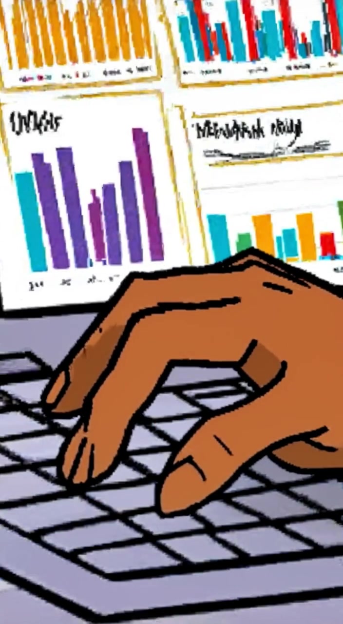 The woman's hand gently moves over the colorful charts on the laptop screen, tracing the graphs curiously.