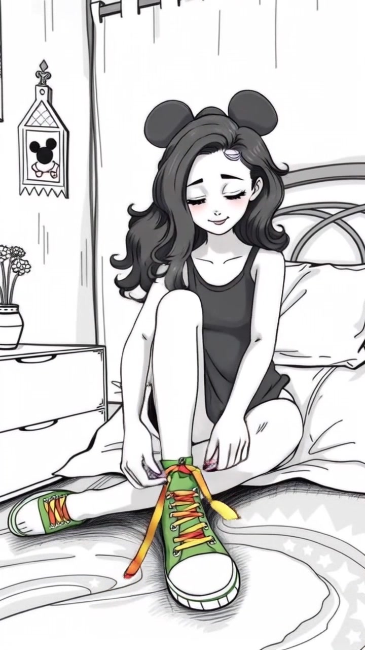 Subject: A narrator sitting on her bed, playfully putting on rainbow shoes with colorful laces. Subject movement: She lifts each foot alternately, adjusting the laces with a focused yet cheerful expression. Scene: Cozy bedroom setting, adorned with vibrant cushions and soft lighting. Style: Warm, inviting morning light cascading softly through the window, creating a cheerful atmosphere. Motion: Camera gently pushes in to focus on the shoes as she ties them, transitioning to a wider shot that captures her joyful smile.