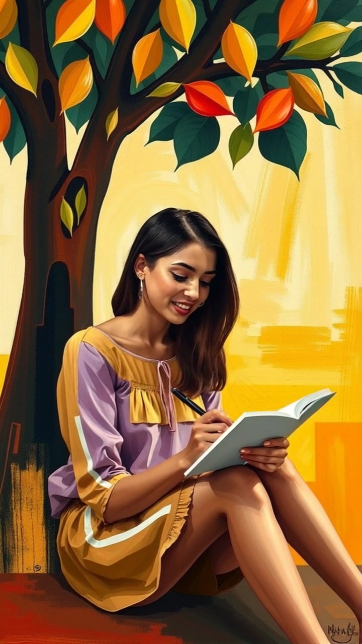 A woman with a notebook and pen sitting under a tree, writing joyfully.