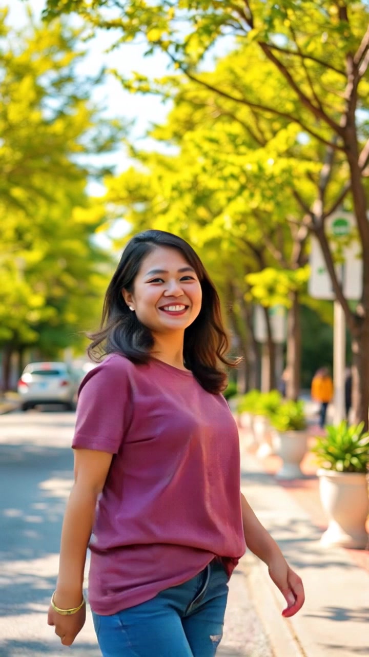 A young woman with a floral dress and a straw hat walks gracefully down a sunny street lined with trees. Slowly dolly in towards her as she spins around with a smile. Ultra-wide angle shot captures the vibrant scene with sunlight streaming through the leaves creating a warm and inviting atmosphere.
