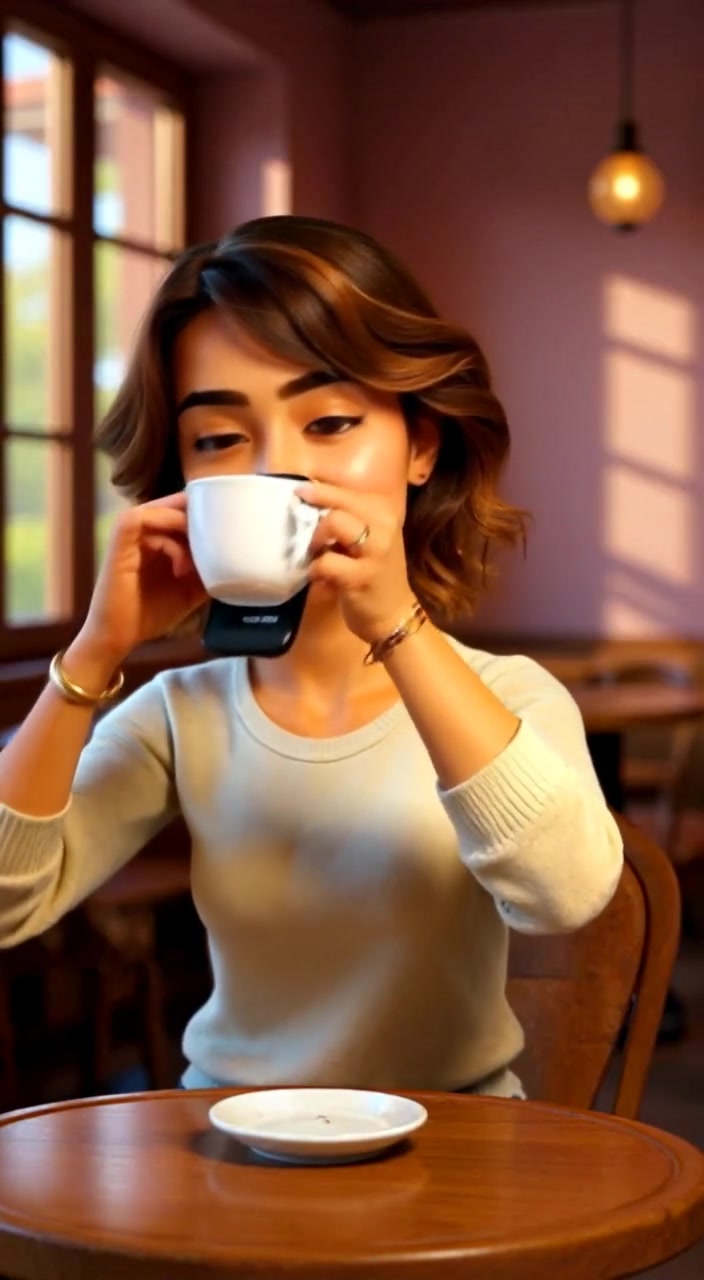 The woman gently raises her coffee cup, capturing the moment with her phone, sunlight streaming through the window.