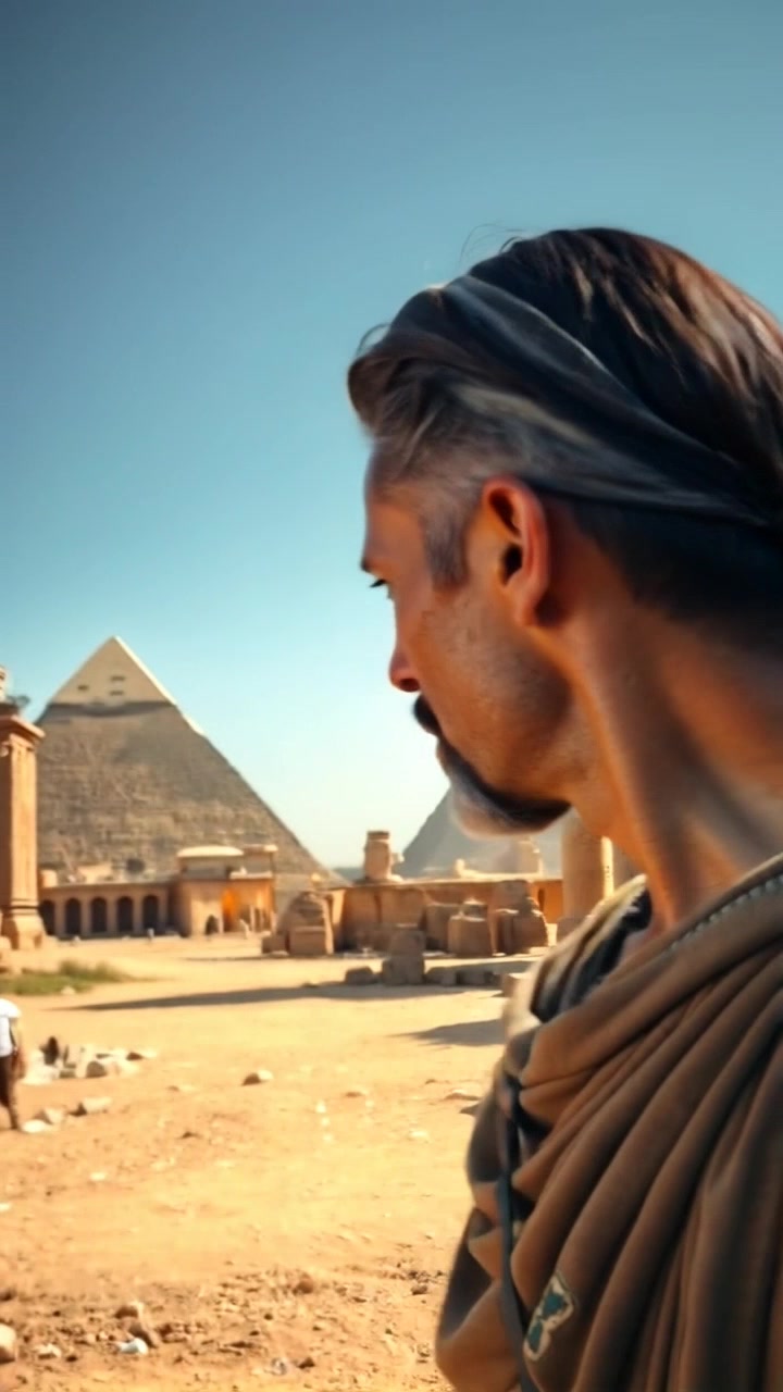 An archaeologist dressed in khaki exploring an ancient Egyptian landscape, pacing up to the pyramids in the background against a clear blue sky. Slowly push in towards the hieroglyphics on the pyramid walls with a steady, deliberate movement. The lighting bathes the scene in warm golden hour light, creating a magical and mystic atmosphere.