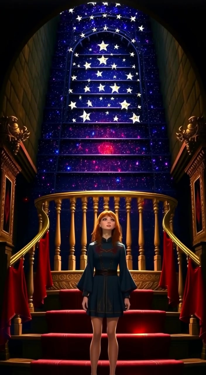 The woman gazes in awe as stars twinkle above the majestic staircase.