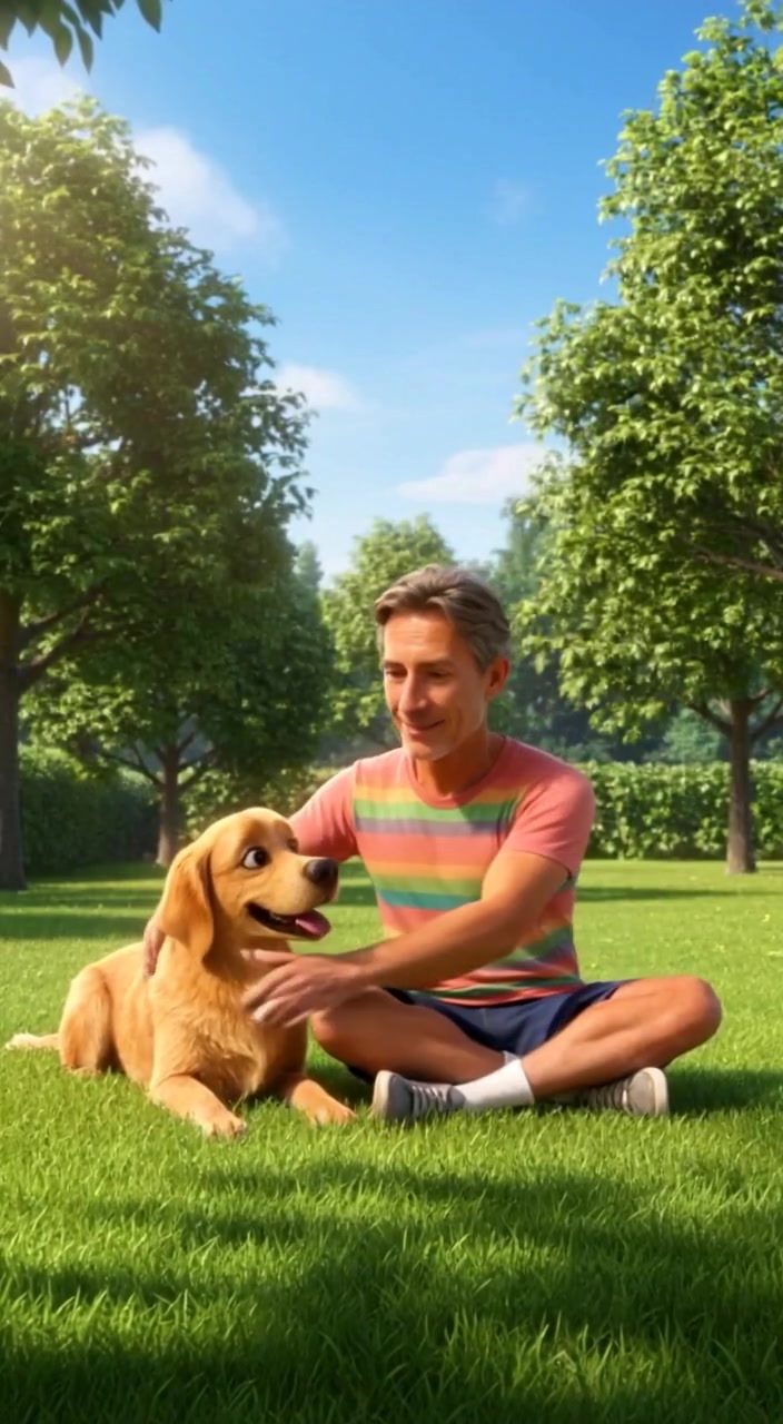 3D Cartoon Child and Dog Playing in the Backyard
